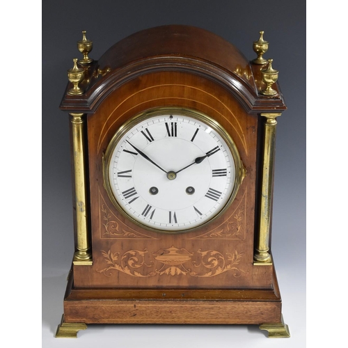 1267 - An Edwardian mahogany and marquetry bracket clock, 14cm convex dial inscribed with Roman numerals, t... 