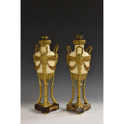 1276 - A pair of 19th century French ormolu, alabaster and rouge marble ovoid castellettes, each with three... 