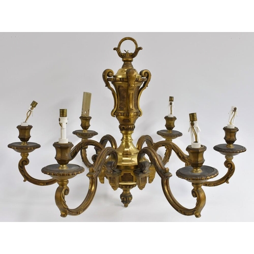 1284 - An early 20th century ormolu six branch electrolier, cast with scrolling acanthus, 63cm diam