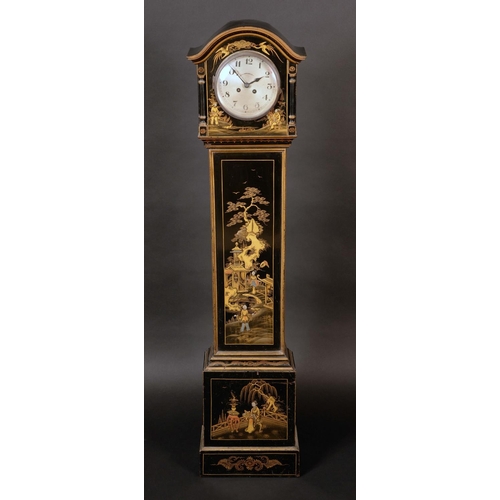 1287 - An early 20th century Chinoiserie dwarf longcase clock, 14.5cm silvered dial inscribed with Arabic n... 