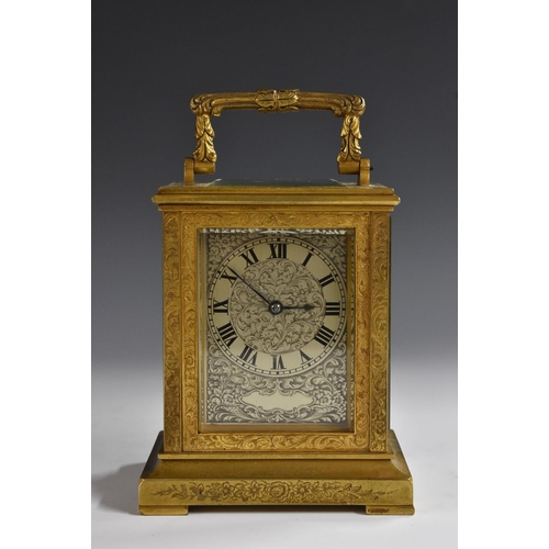 1296 - A 19th century gilt brass carriage clock, 6.5cm rectangular silvered dial inscribed with a chapter o... 