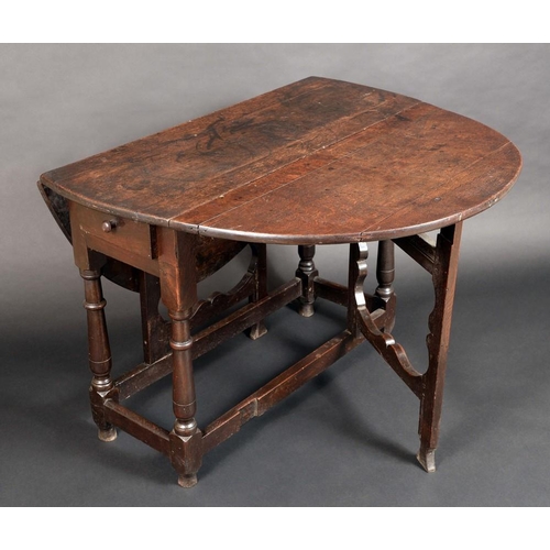 1297 - An early 18th century oak gateleg table, oval top, turned legs, rectangular stretchers, 73cm high, 1... 