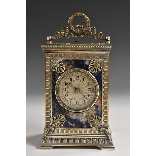 1308 - A fine and unusual lapis lazuli and silvered metal mounted repeating carriage clock, 4.5cm circular ... 