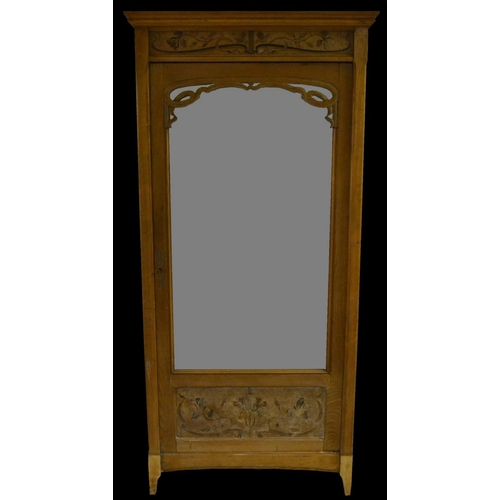 1313 - An Art Nouveau ash and marquetry wardrobe, moulded cornice above a deep frieze and a mirrored door, ... 