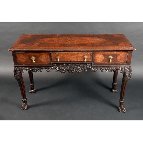 1322 - An 18th century style walnut and marquetry side table, moulded rectangular top inlaid with leafy scr... 