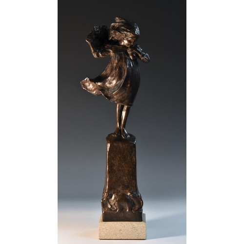 1325 - Robin Shippard (early 20th century), a brown patinated bronze, of a girl holding a puppy, the base w... 