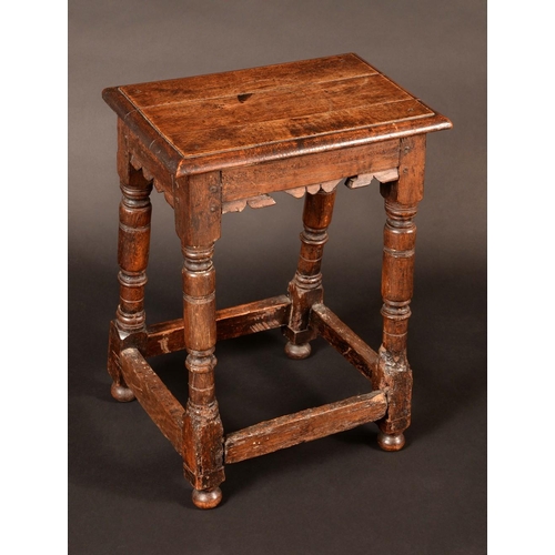 1326 - An 18th century oak joint stool, rectangular top, shaped frieze, turned legs, 58cm high, 43.5cm wide