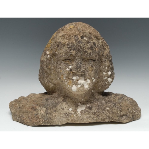 1329 - An 18th century limestone carving, as the head of a gentleman wearing a wig, bust length, 29cm high,... 