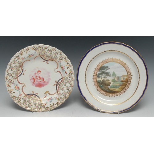 133 - A Derby shaped circular plate, painted in the manner of Banford, in puce with a Cupid on a cloud, th... 