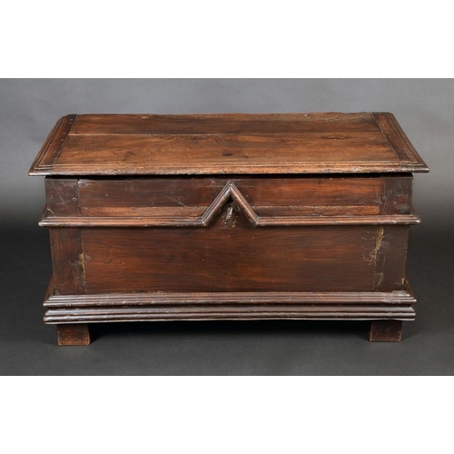 1331 - An 18th century continental elm blanket chest, probably German, hinged top, the front applied with g... 