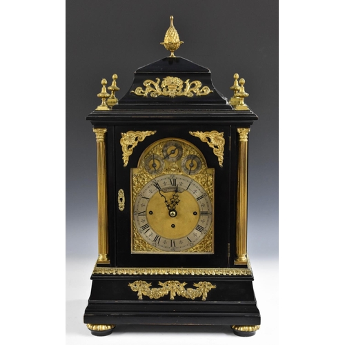 1335 - A substantial Victorian ormolu mounted ebonised musical bracket clock, 18cm arched brass dial inscri... 