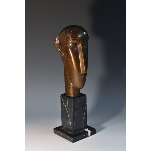 1338 - After Amadeo Modigliani, a brown patinated bronze, Abstract Head, marble plinth, 36.5cm high overall