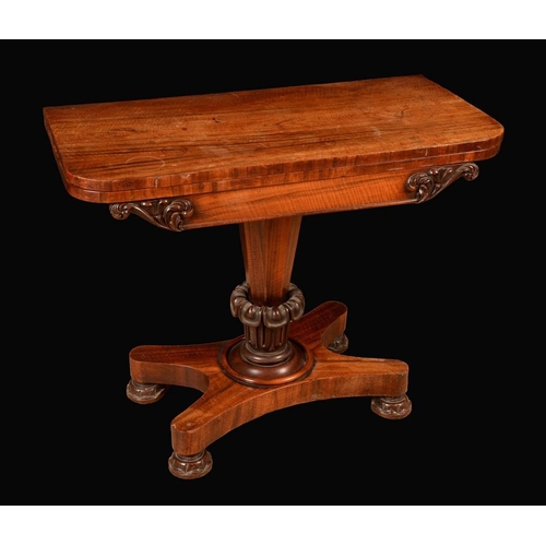 1347 - A William IV rosewood rounded rectangular card table, folding top enclosing a baize lined playing su... 