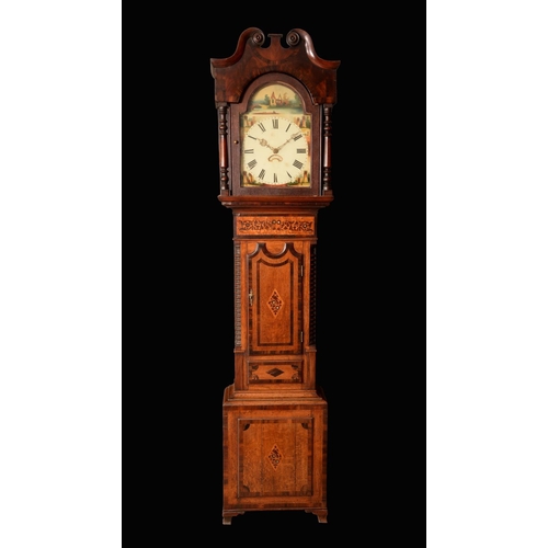 1348 - A William IV oak, mahogany, burr maple and marquetry longcase clock, 29.5cm arched painted dial insc... 