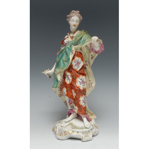 135 - A Derby Patch Mark figure, Justice, she stands with long flowing robes, scroll base, 29.5cm high, c.... 