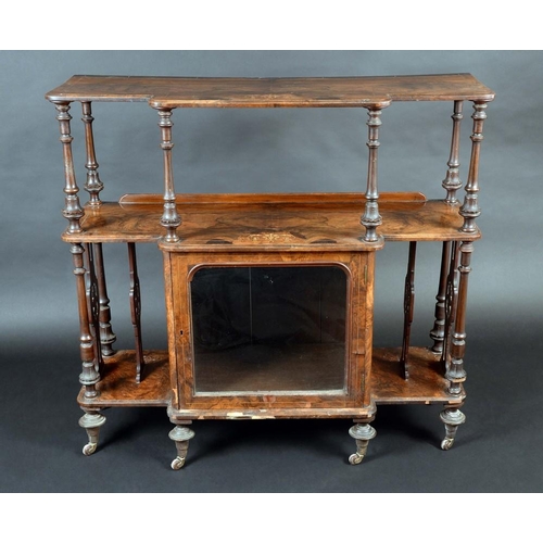 1355 - A Victorian walnut and marquetry break-centre music room side cabinet, the two open tiers with match... 