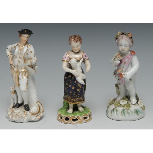 136 - A Derby figure, of a gallant standing beside a dog, 13cm high, c.1790; a Bloor Derby figure, 12cm hi... 