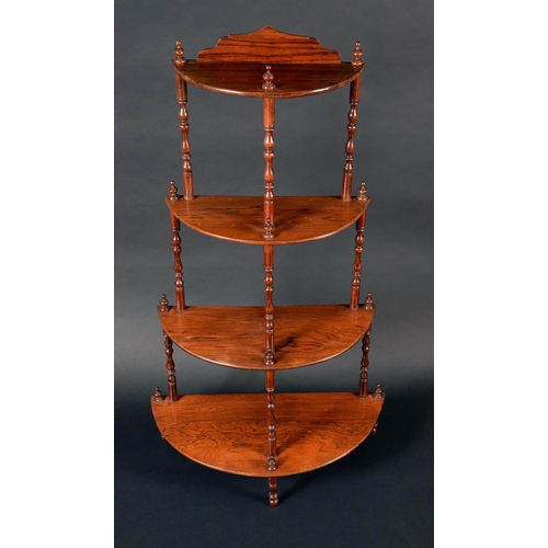 1360 - A Victorian rosewood demi-lune four tier whatnot, turned supports, 125cm high, 60cm wide, c.1870