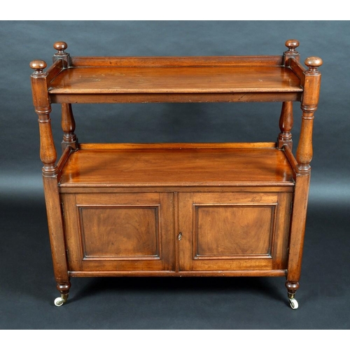 1370 - A Victorian mahogany buffet, the two tiers with three quarter galleries, turned pillars and finials,... 