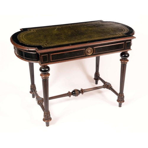 1380 - A Victorian Franglais ebonised and mahogany writing table, in the Louis XVI taste, moulded top with ... 