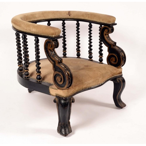 1381 - A Victorian ebonised club armchair, curved cresting rail above a gallery of spirally turned spindles... 