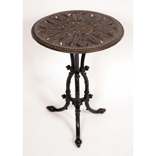 1383 - A Victorian cast iron tripod garden table, probably Coalbrookdale, circular top pierced and cast wit... 