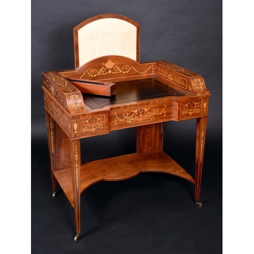 1384 - An unusual Sheraton Revival mahogany and marquetry desk, three quarter gallery concealing face scree... 