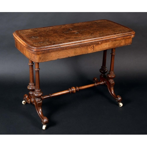 1386 - A Victorian burr walnut and marquetry rounded rectangular card table, amboyna crossbanded folding to... 