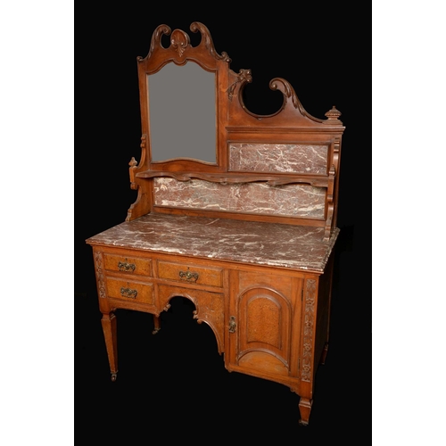 1387 - A Victorian burr and satin walnut three piece bedroom suite, comprising wardrobe, dressing table and... 