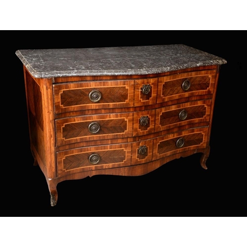 1389 - An 18th century North Italian walnut serpentine commode, grey marble top above three long graduated ... 