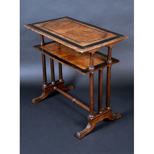 1391 - A Victorian Aesthetic period walnut and ebonised etagere, rectangular top quarter veneered and outli... 