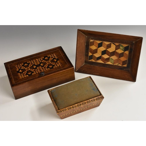 1392 - A Tunbridge ware and rosewood rectangular work box, hinged cover inlaid with geometric motifs and ou... 