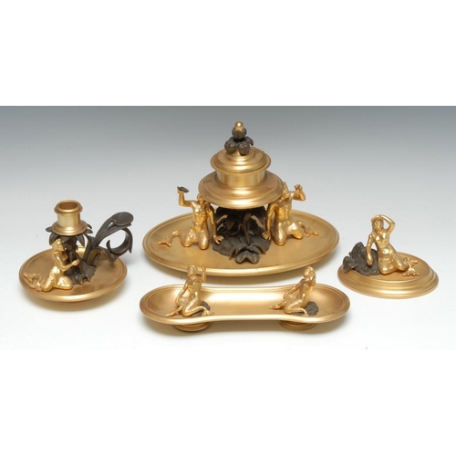 1404 - A substantial 19th century French four-piece ormolu and brown patinated bronze sculptural desk suite... 