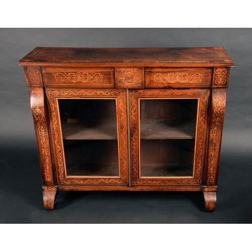 1406 - A George IV rosewood and marquetry rectangular side cabinet, rectangular crossbanded top above a pai... 