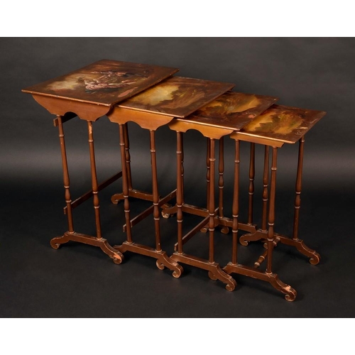 1413 - A set of late 19th century Vernis Martin quartetto tables, painted in the Rococo taste with a courti... 