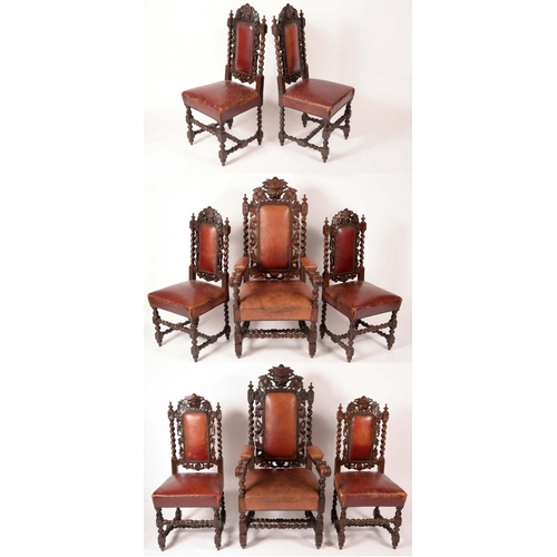 1415 - A set of eight Victorian Carolean revival dining chairs, comprising a pair of carvers and six side c... 