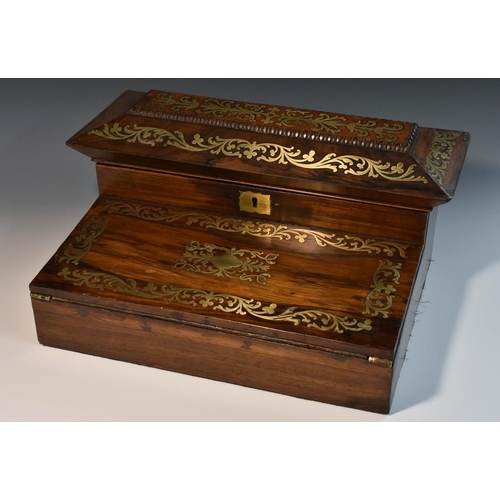 1423 - A Regency rosewood and brass marquetry writing box, hinged sarcophagus cover and folding top enclosi... 