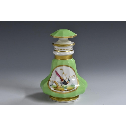 143 - A Bloor Derby panelled baluster scent bottle, painted after Richard Dodson with an exotic bird, appl... 