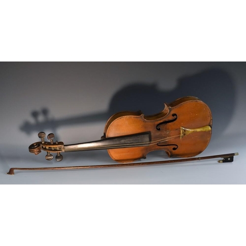 1437 - A violin, the two-piece back 35.5cm long excluding button, coromandel tuning pegs, outlined througho... 