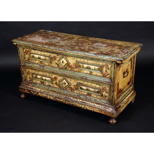 1439 - An early 18th century Italian painted chest, hinged top above two blind drawers applied with geometr... 