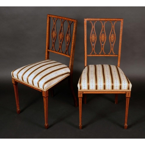 1440 - A pair of Sheraton Revival satinwood and mahogany side chairs, outlined throughout with boxwood and ... 