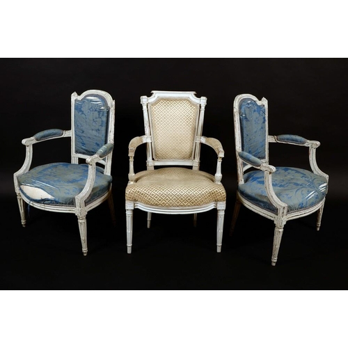 1443 - A pair of Louis XVI revival fauteuils, arched backs, scroll arms, stuffed over upholstery, turned st... 