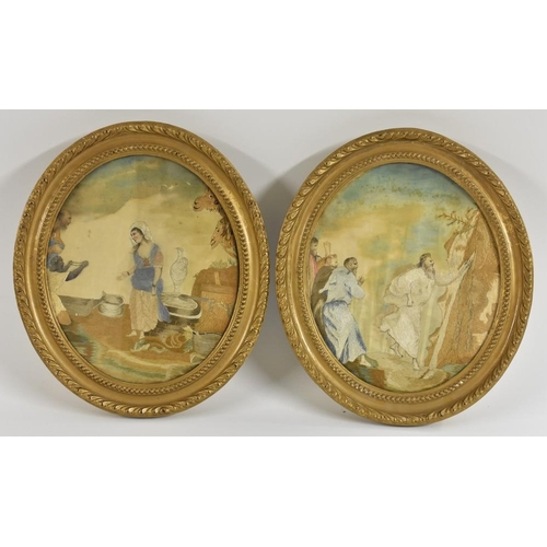 1453 - A pair of George III silk pictures, Rebekah at the Well and Christ performing a miracle, oval, 22.5c... 