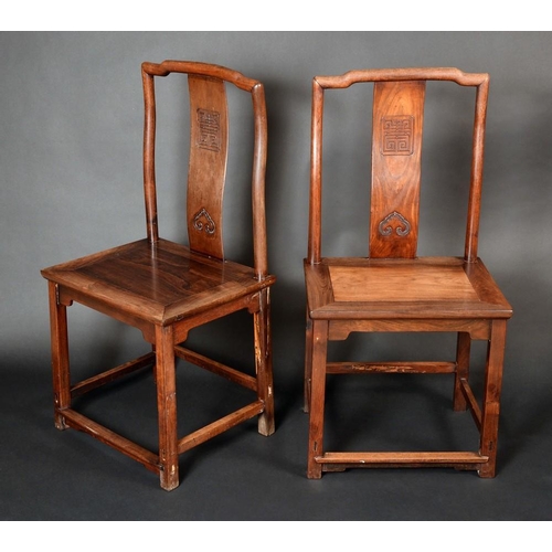 1458 - A pair of Chinese hardwood scholar's chairs, shaped cresting rails above carved and pierced serpenti... 