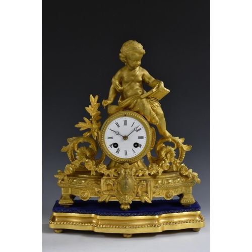 1678 - A 19th century French gilt metal mantel clock, 7.5cm enamel dial inscribed with Roman numerals, twin... 