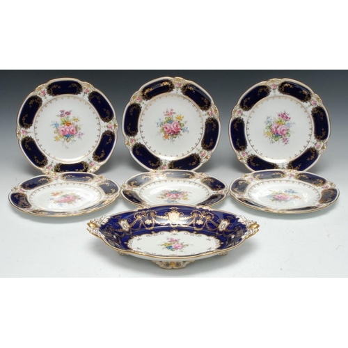 168 - A set of six Royal Crown Derby dessert plates, printed and painted with flower spray, within a jewel... 