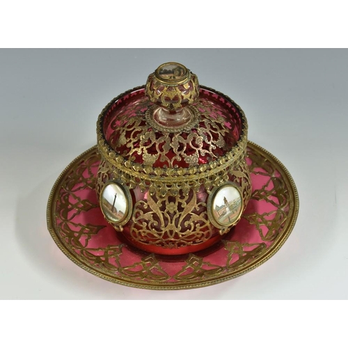 1681 - A 19th century French Palais-Royal gilt-metal mounted cranberry glass potpourri bowl, cover and stan... 