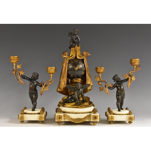 1682 - A 19th century French parcel-gilt and dark patinated bronze mantel clock garniture, the timepiece di... 