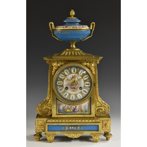 1683 - A 19th century French porcelain mounted gilt metal mantel clock, 10.5cm dial inscribed with Roman nu... 