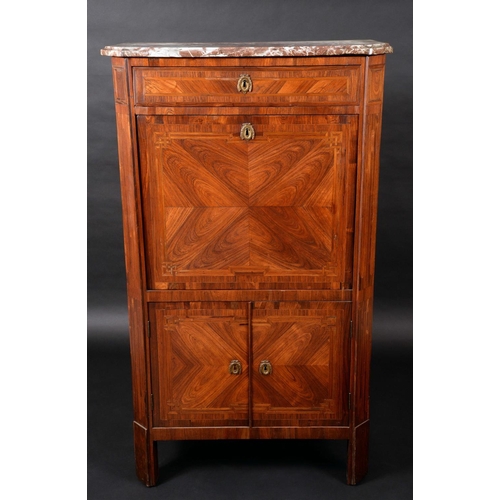 1686 - A 19th century French walnut secretaire a abattant, Rosso Antico marble top above a frieze drawer, f... 